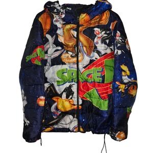 Space Jam Puffer Jacket Men's Medium All Over Print Cartoon Character‎ NBA